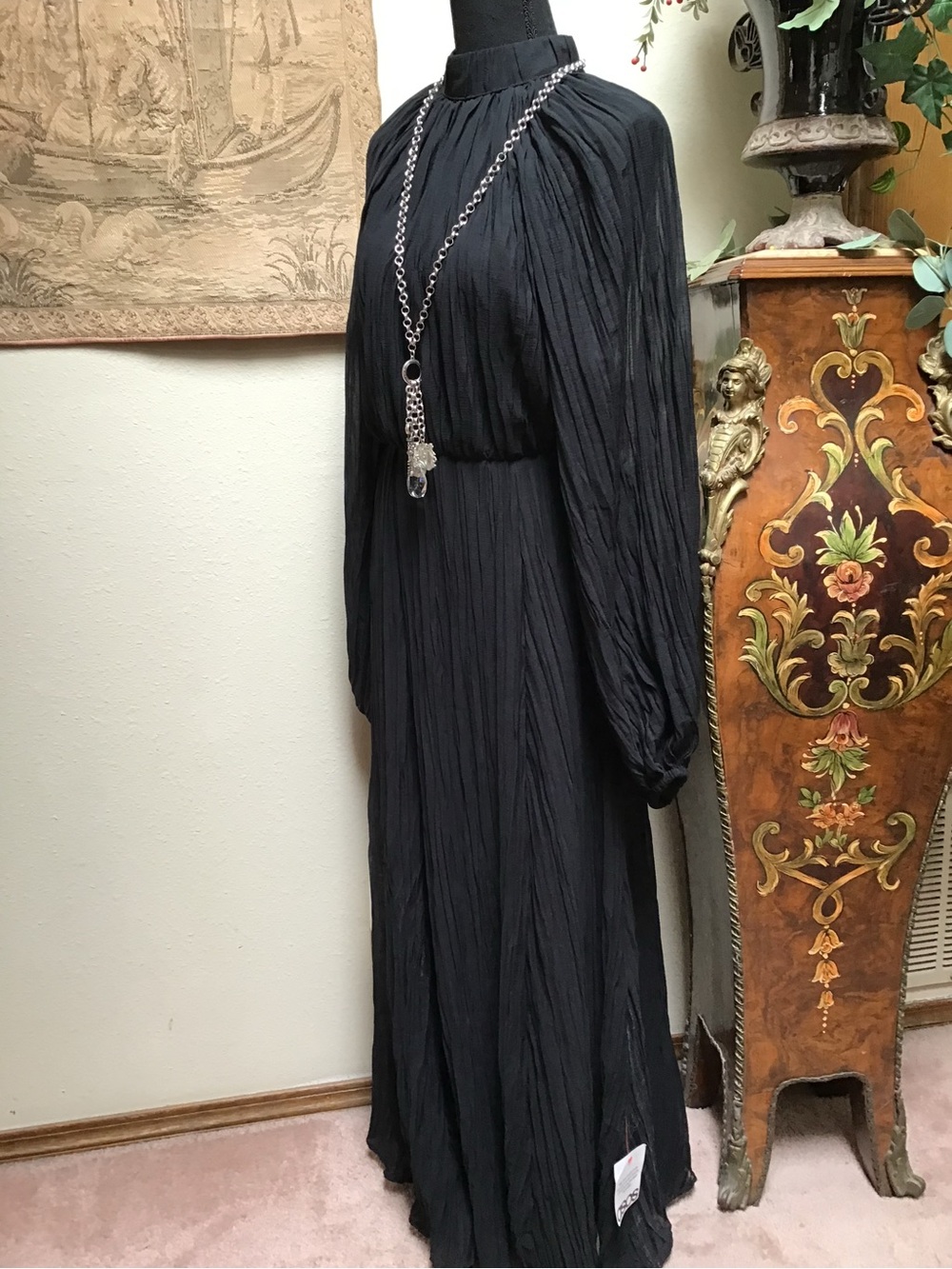 ASOS Black Crinkle High-Neck Maxi Dress with Long Bishop Sleeves